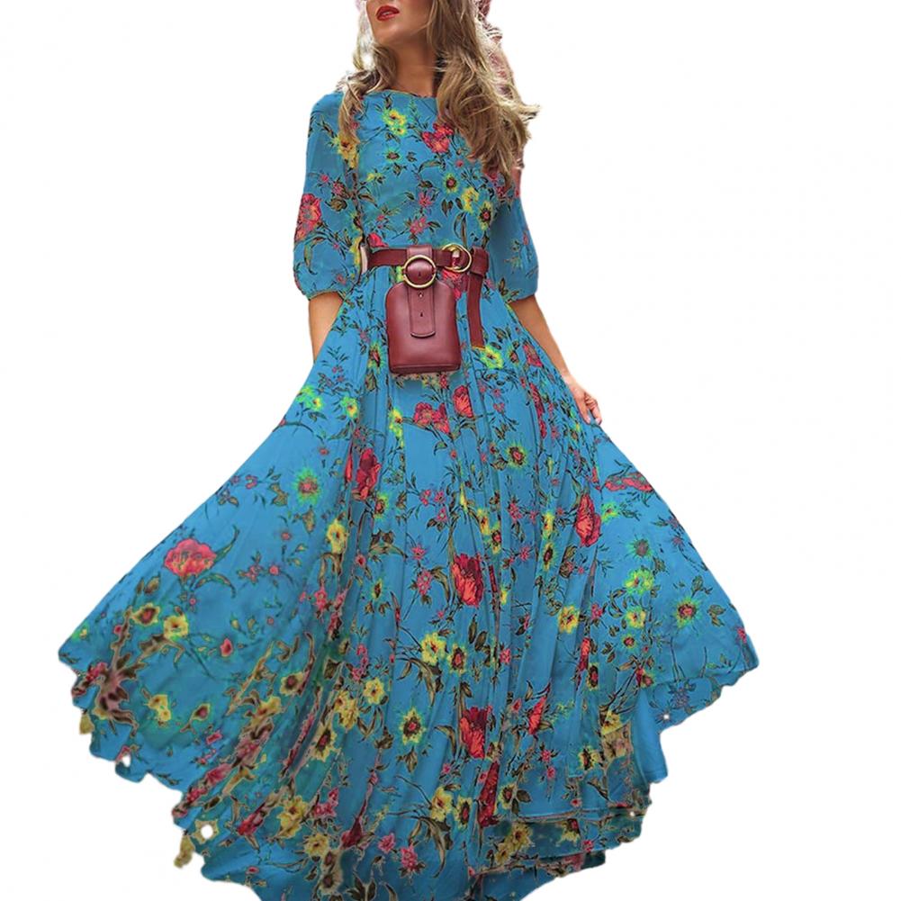 Abito stampato aderente, elegante abito lungo floreale per donna, silhouette a trapezio, design a vita alta, dettaglio mezza manica per primavera estate