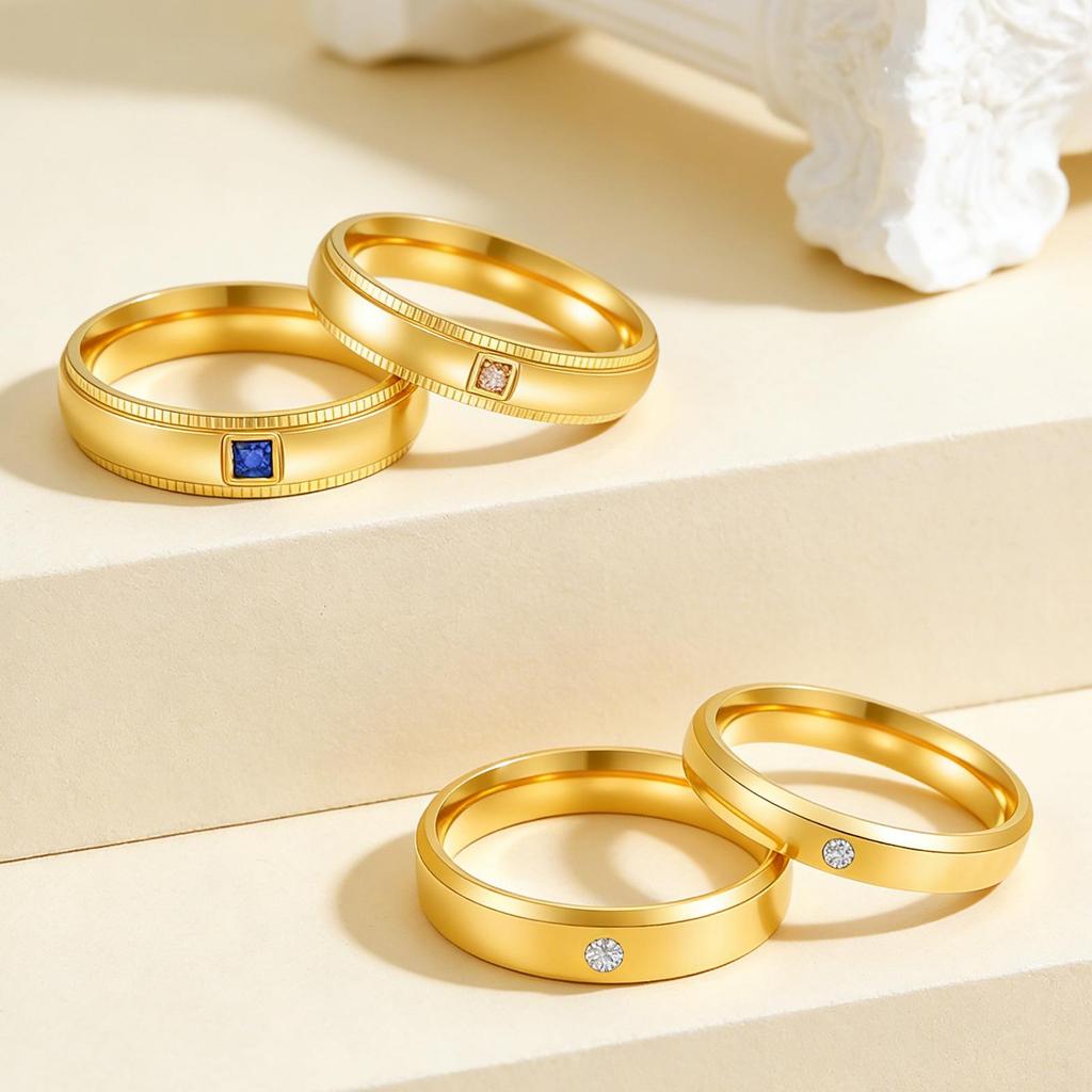 European & American Simple Diamond-Inlaid Stainless Steel Couple Ring Set