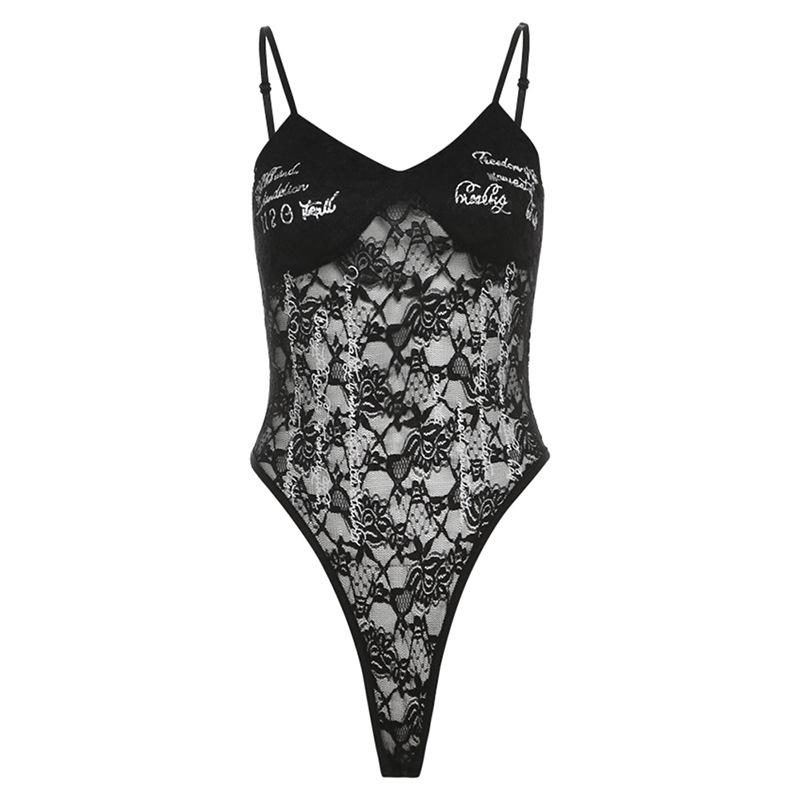 2024 Autumn Women's Urban Chic Solid Lace Bodysuit with Text Accents