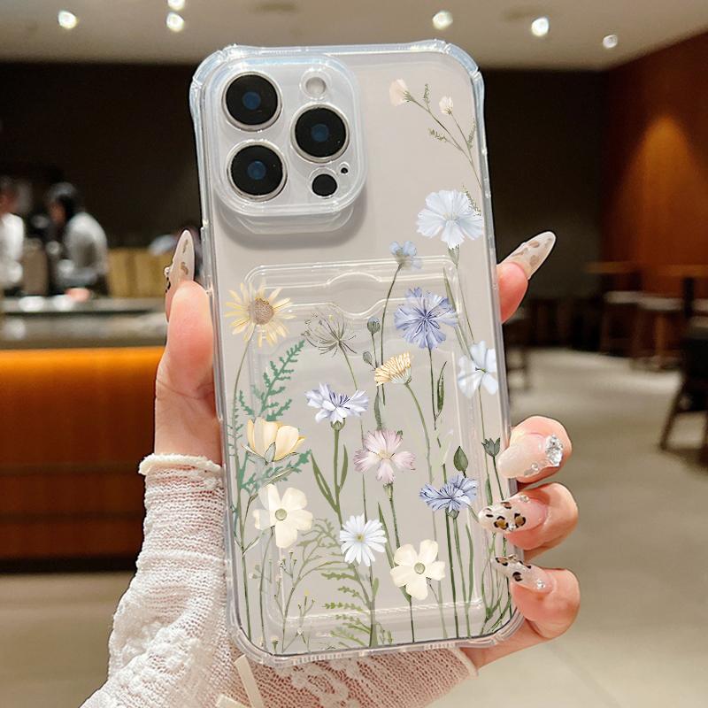 Flowers Print Card Slot Phone Case For iPhone Air 16e 17 16 15 Pro Max 14 13 Pro Max Shockproof Clear Soft Silicone Cover