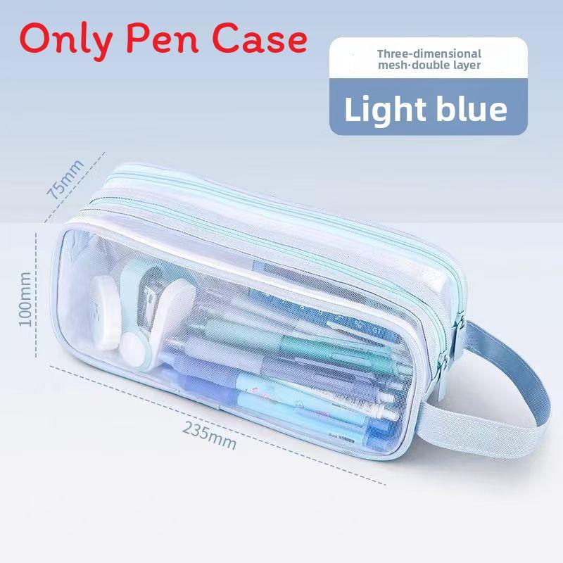 Student Double Layer Mesh Transparent Pencil Case With Large Capacity For School Use