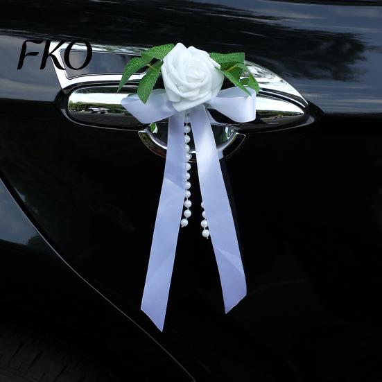 Easy Install Wedding Car Kit Artificial White Rose Decoration, Door Handle & Rearview Mirror Flower Bouquet Weather Resistant Flowers with Satin
