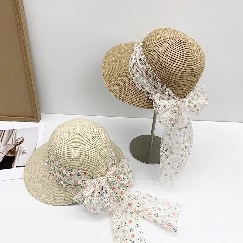 Straw hat children summer beach sun protection sun hat travel seaside vacation wide brim lace bow sun hat