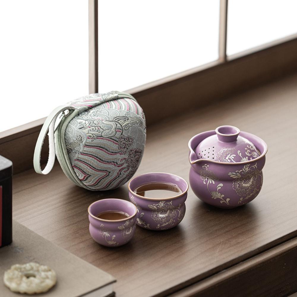 Gilded Silver Peony Wrapped Lotus Gourd Travel Tea Set Purple Ru Kiln Can Raise Ceramic Kuaike Cup Outdoor Camping Tea Gifts