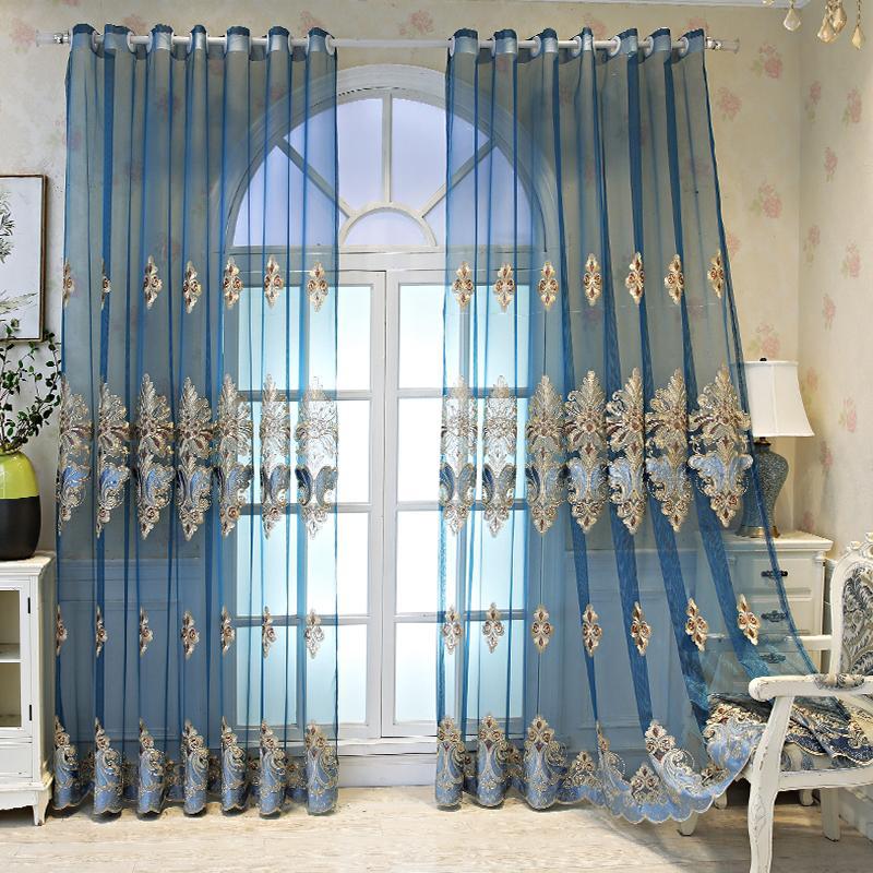 European-style Embroidered Blue Roman Embroidered Sheer Curtain for Living Room, Bedroom, Room Decoration Curtain Gauze Curtain Home Decor