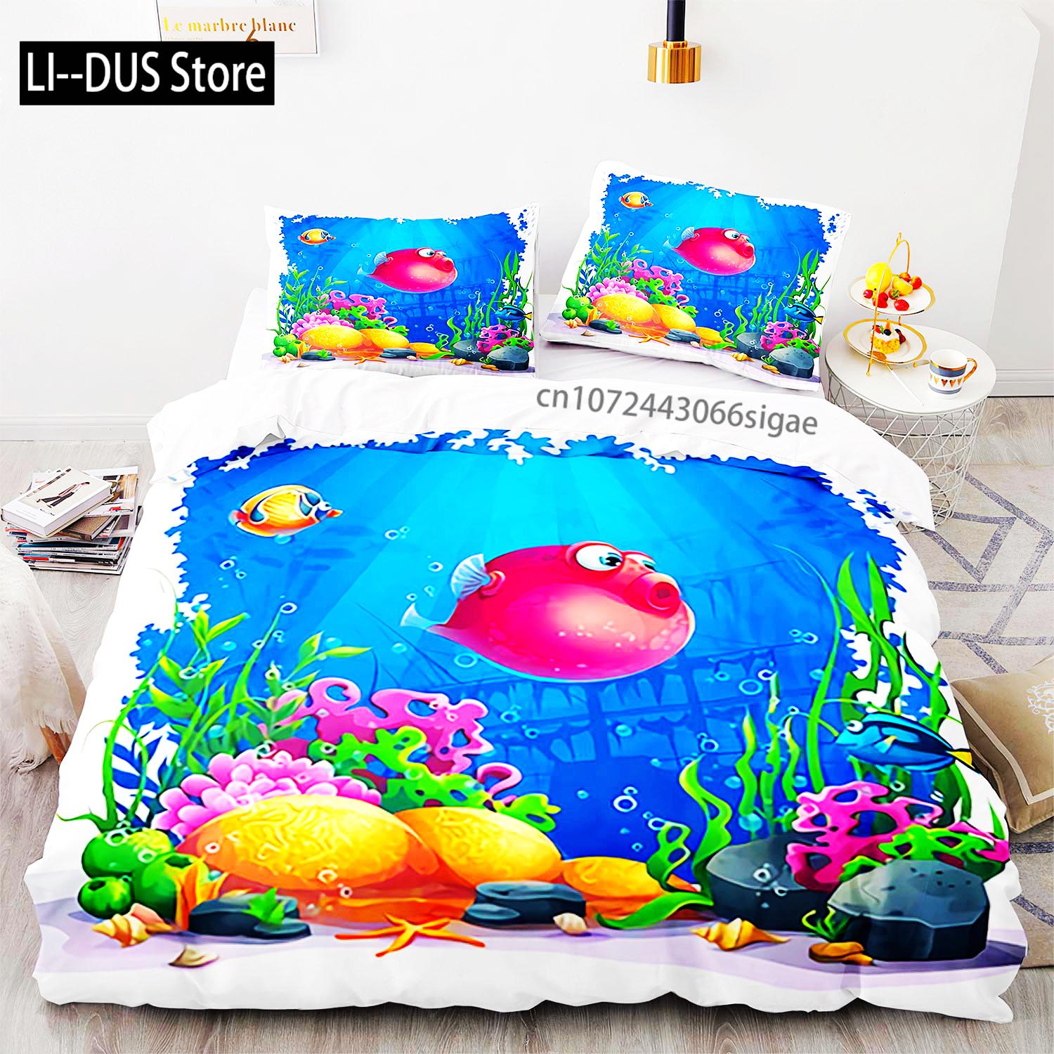 

Синій Морський Світ Постільна Білизна 3D Друк Морські Тварини Дельфіни Акули І Мультяшна Ковдра Королева Комплект Підодіяльника Дитяча Доросла Постільна Білизна EU Single(135*200cm)3pcs
