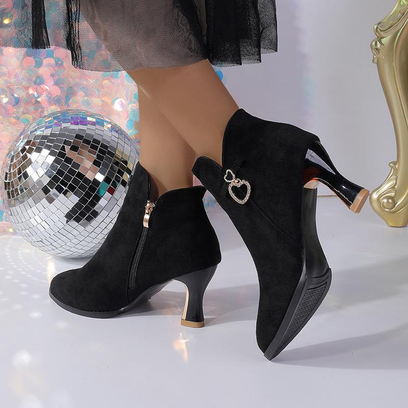 New thin-heeled mid-heeled pointed fleece boots and bare boots in autumn and winter, short tube, solid color high heel.