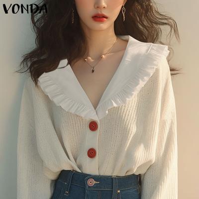 Women Autumn Ruffle Lapel Long Sleeve Pullover Sweaters