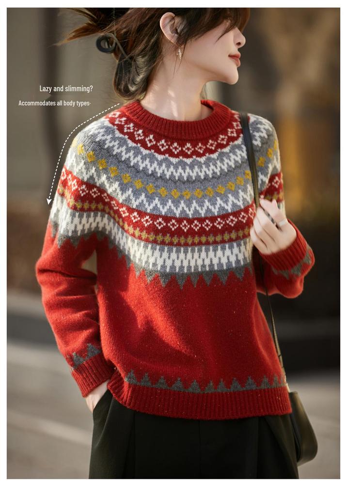 Women's Korean Style Fair Isle Wool Sweater - Loose Fit, Seamless Round Neck Jacquard Knitwear
