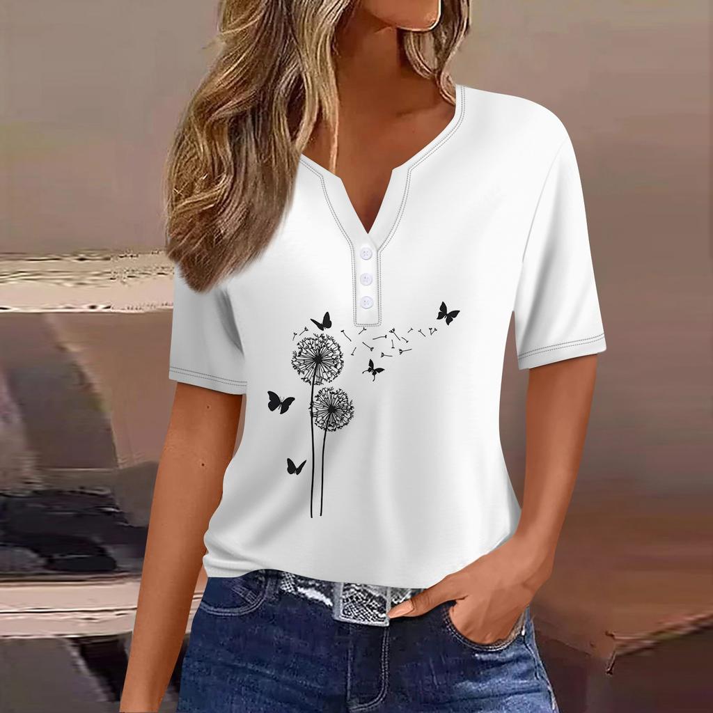 Women's Casual Sequin Printed V-Neck Short Sleeve Decorative Button T-Shirt Top
