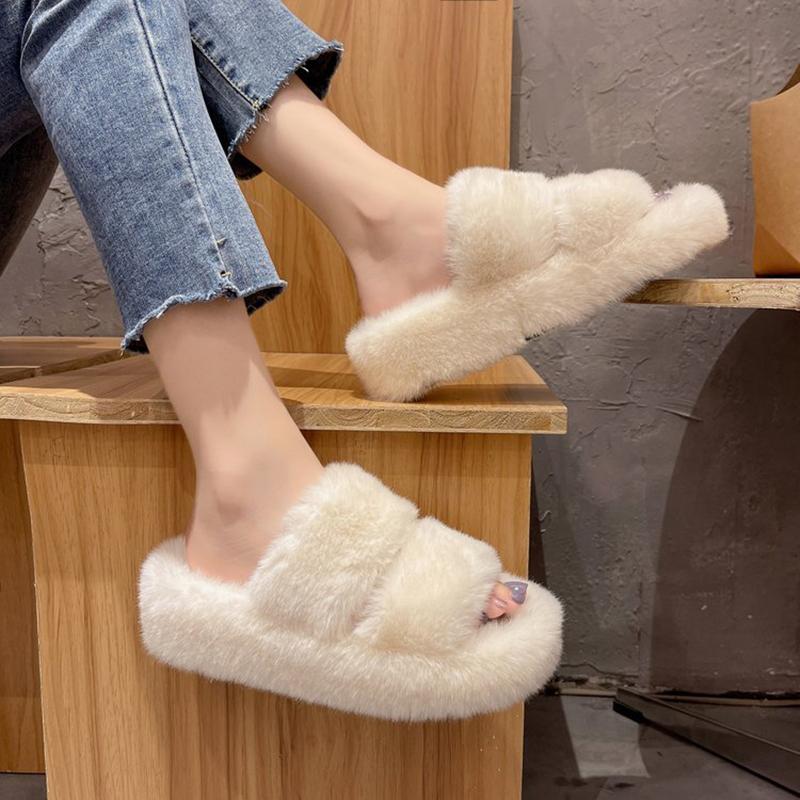 Mode Koreanische Doppelband Pelzpantoletten Damen warm flauschige Plateauschuhe dicksohlige Winterfleece Hausschuhe Damen Shearling Pantufa