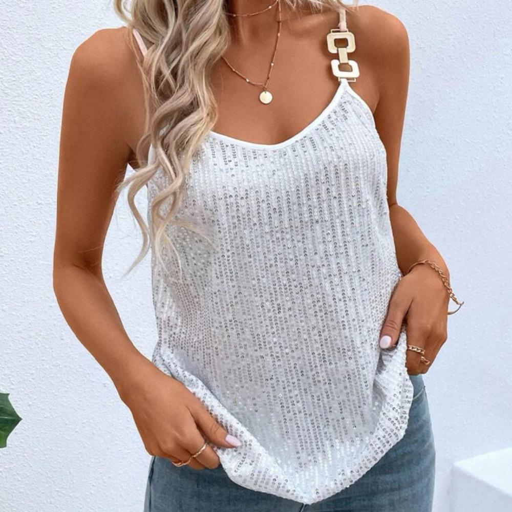 Damski top na ramiączkach z dekoltem w serek, bez rękawów, luźny krój, gładki kolor, top na ramiączkach z cekinami i metalowym łańcuszkiem, elegancka kamizelka imprezowa