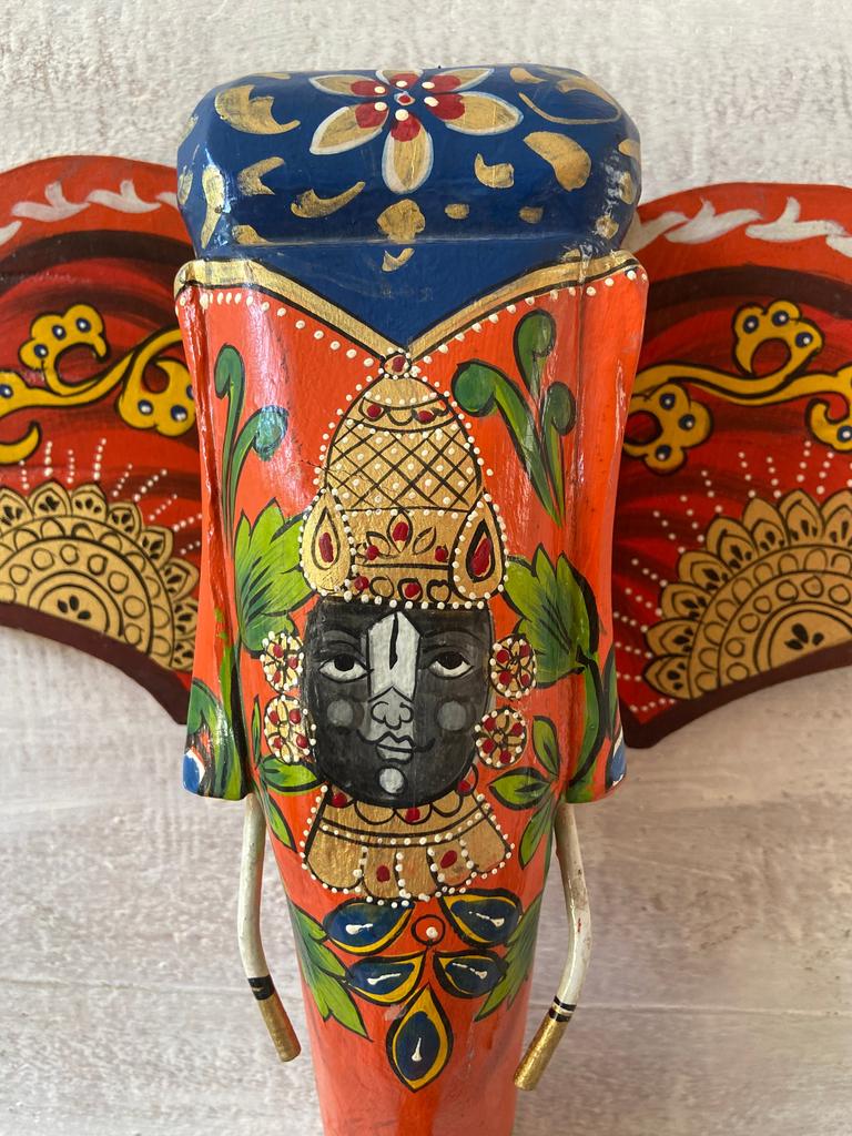 Hand Painted Wooden Elephant Mask: Shrinathji Pichwai Art Wall Hanging