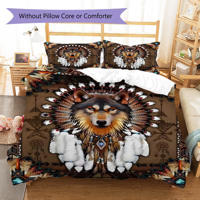 Indian Wolf Pattern Bedding Set Quilt Cover Pillowcase Home Decor Gift (1 * Duvet Cover + 2 * Pillowcase, Without Core)