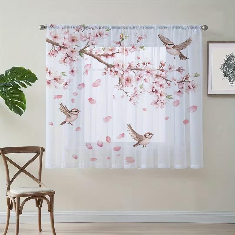 1PC Watercolor Cherry Blossom & Sparrow Sheer Curtains - Romantic Floral Bird Window Drapes