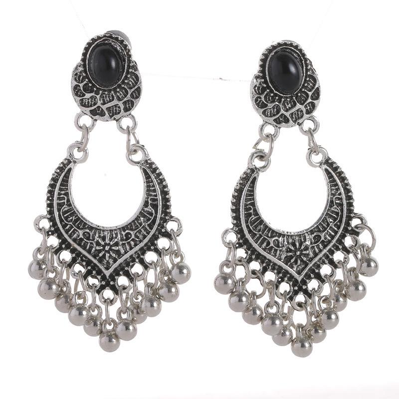 Retro Black Teardrop Rhinestone Tassel Earrings