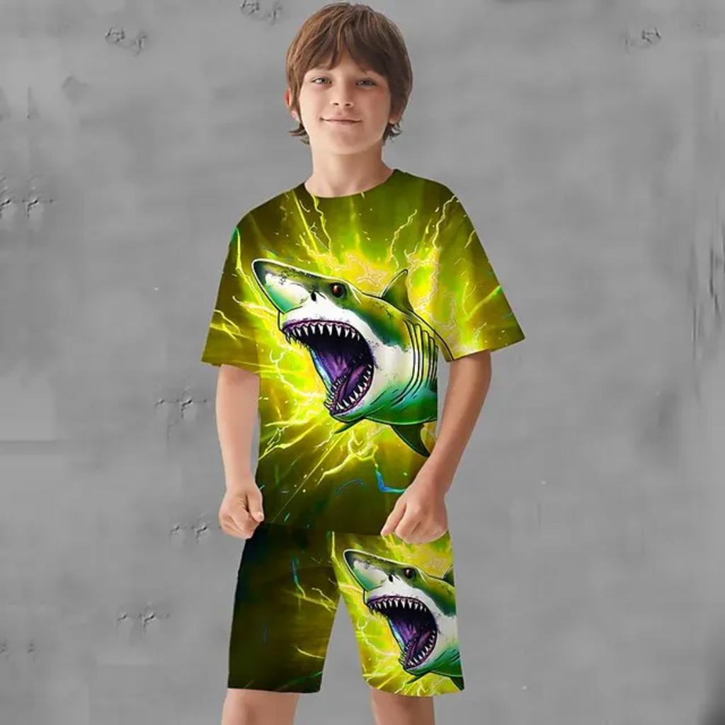 Boys Animal Shark póló és rövidnadrág Pólókészlet Ruházati szett Rövid ujjú 3D nyomatok Nyári Aktív Sport Divat Gyerek pólókosztüm