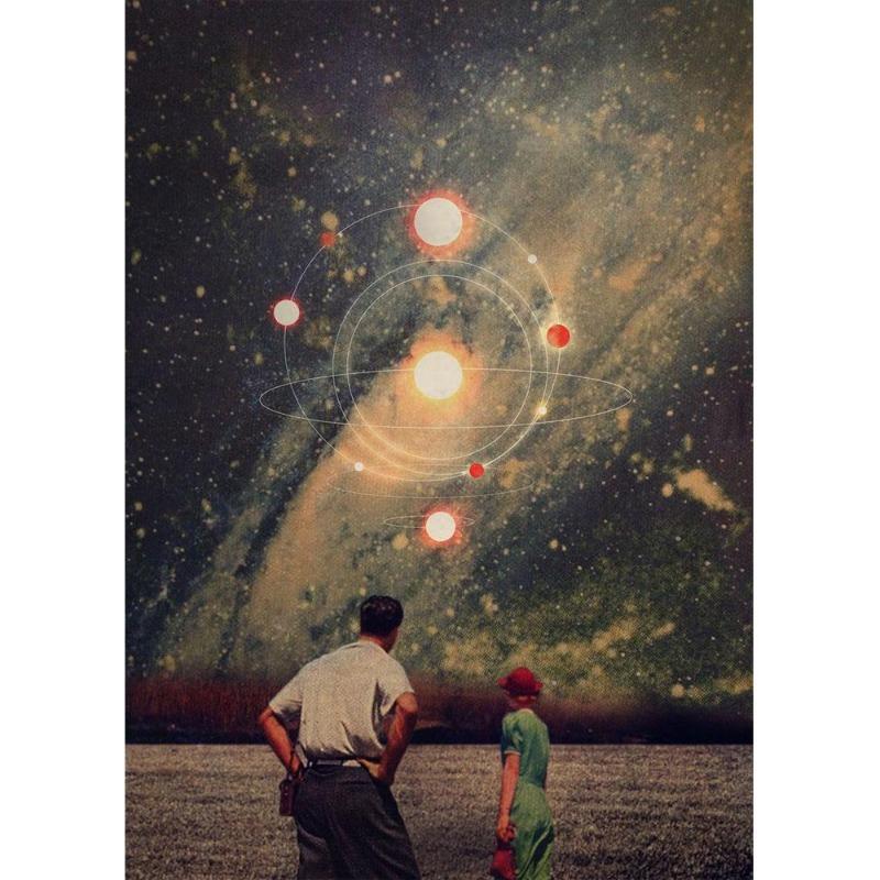 Vinatge Space Collage Night Sky Posters Canvas Painting Galaxy Moon Surrealism Wall Picture for Living Room Decoration At Home
