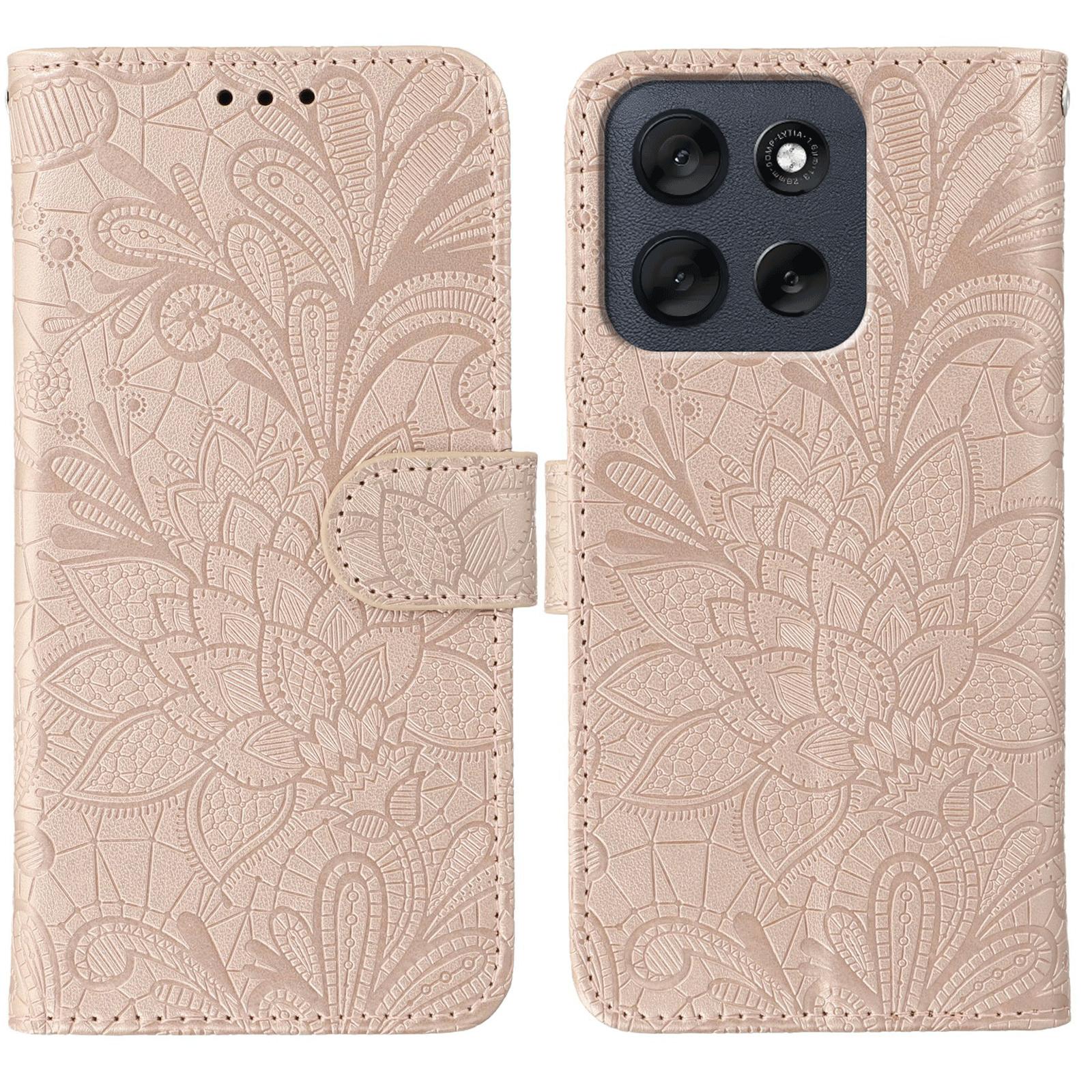 

For Motorola Moto G56 5G Case Lace Flowers PU Leather Flip Wallet Phone Cover Rose Gold