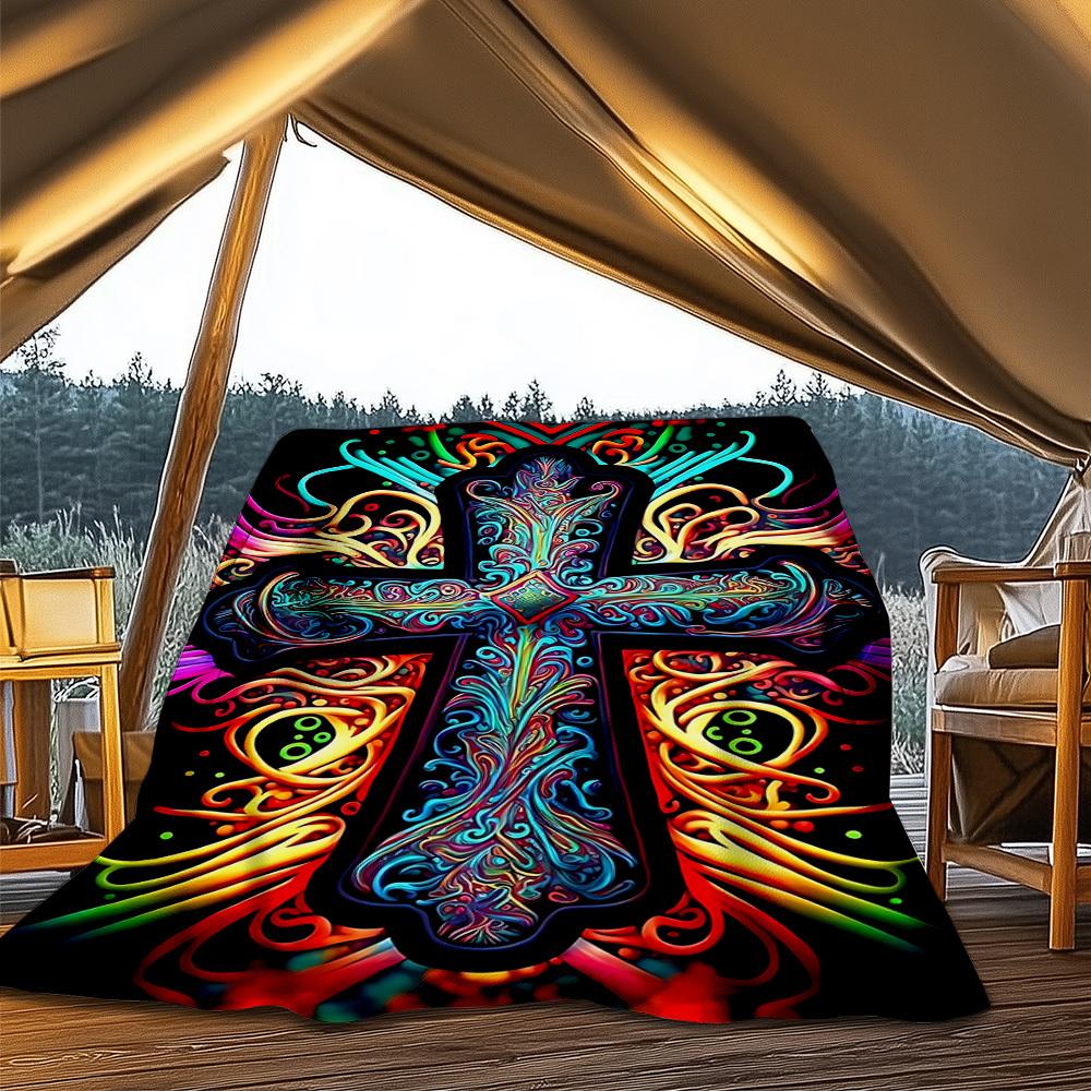 1pc Psychedelic Cross Throw Blanket Polyester Fiber, Lightweight Flannel, Soft & Warm, All Season Use for Outdoor, Camping Digital Print