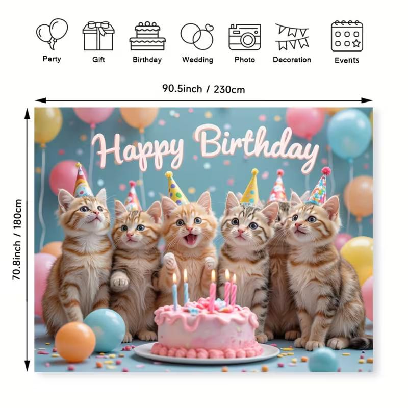Tela de Fondo 2D Feliz Cumpleaños Gatitos, Fondo Azul para Fiesta para Vlog y Transmisión en Vivo