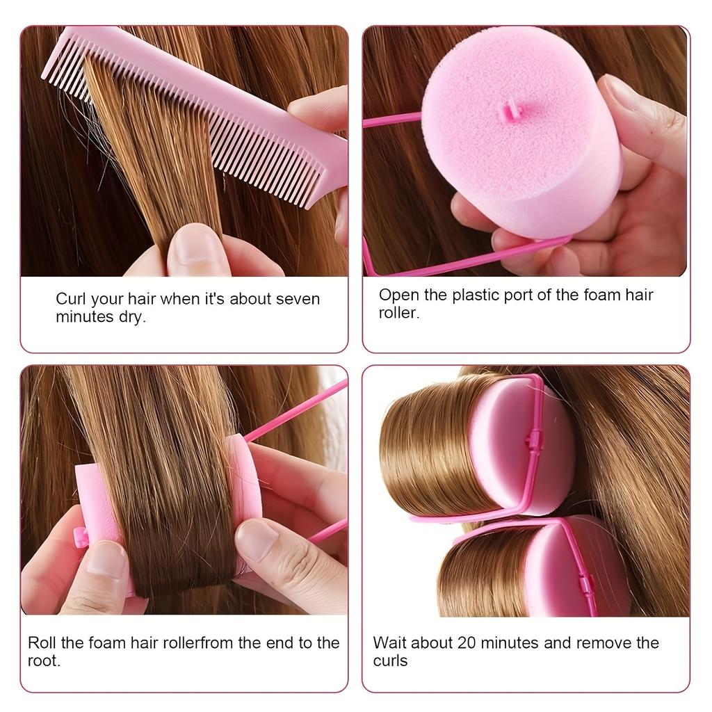 Pack of 12 Pink Foam Curlers, Portable Styling Tools for All Hair Types, Soft and Elastic Sleep Curler for Women and Girls, Flexible Sponge Rollers