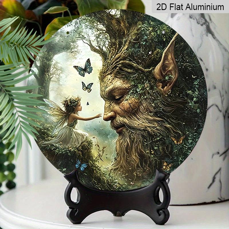 2D Flat, 1pc Vintage Metal Aluminum Sign - Enchanted Fairy & Tree Spirit Fantasy Art Round Wall Decor, Vibrant Colors Indoor/Outdoor Use for Cafe
