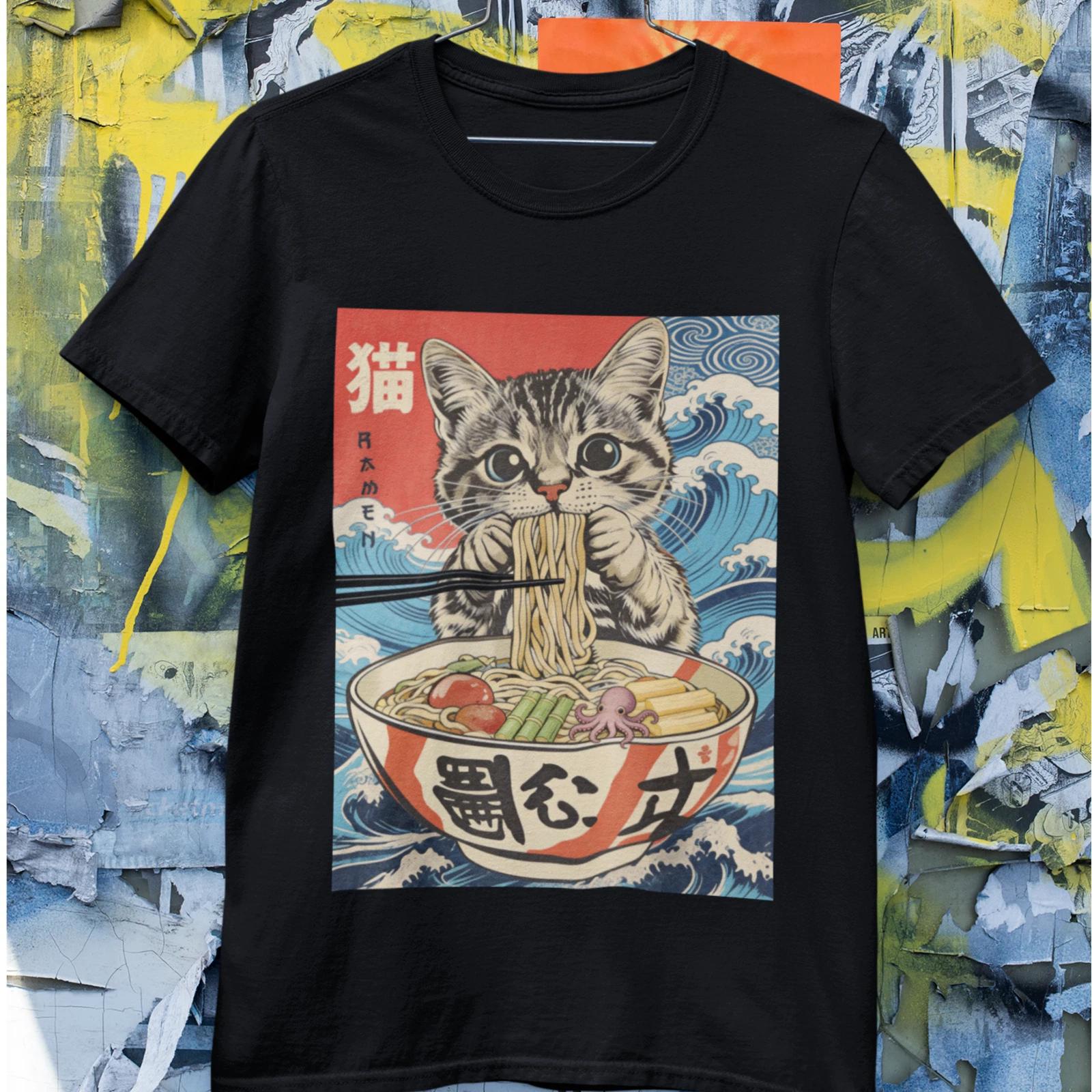 Japanese Ramen Cat T-Shirt | Wave Art Kitty Noodle Graphic Tee XL