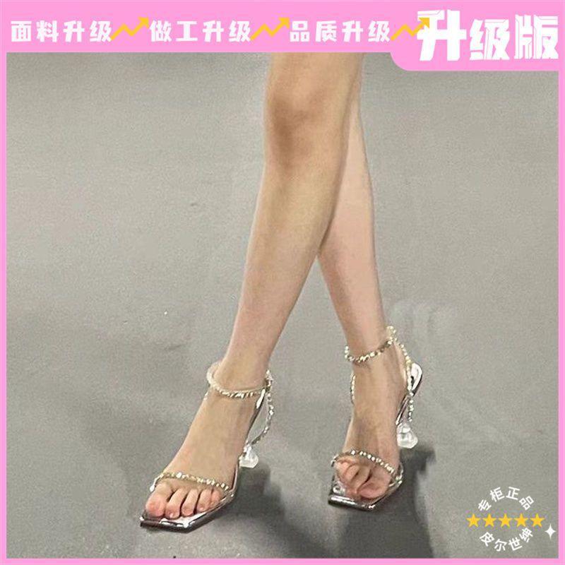 New Casual Versatile Word with Rhinestone Transparent High Heels Femininity Fashion Stiletto Sandals