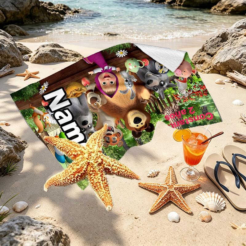 Custom Name Personalized Masha and The Bear Print Beach Towel, for Trip Camping Beach Party Home Decor, Birthday Gift for Family & Friends