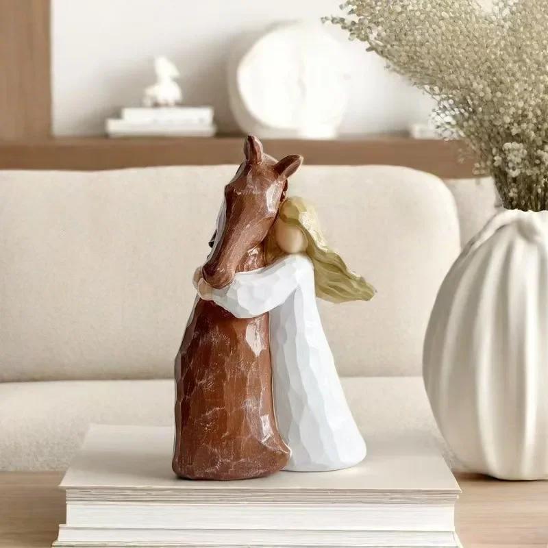 Resin Ornament Girl Holding Horse Statue Angel Home Decor Desktop Decoration Handmade Craft Gift for Collectors Figurine