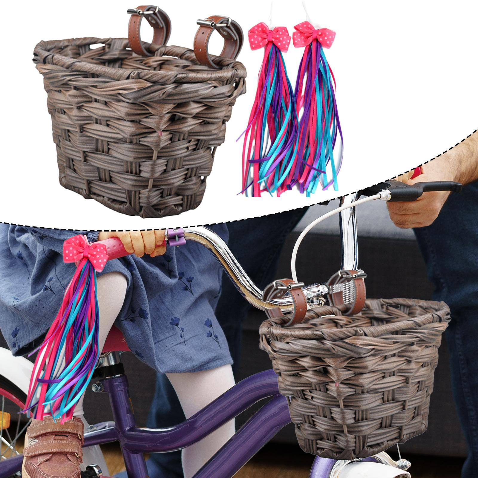 

Adventure Bike Basket with Detachable Front Handlebar Design Dark Brown Basket_Blue Purple Ribbons