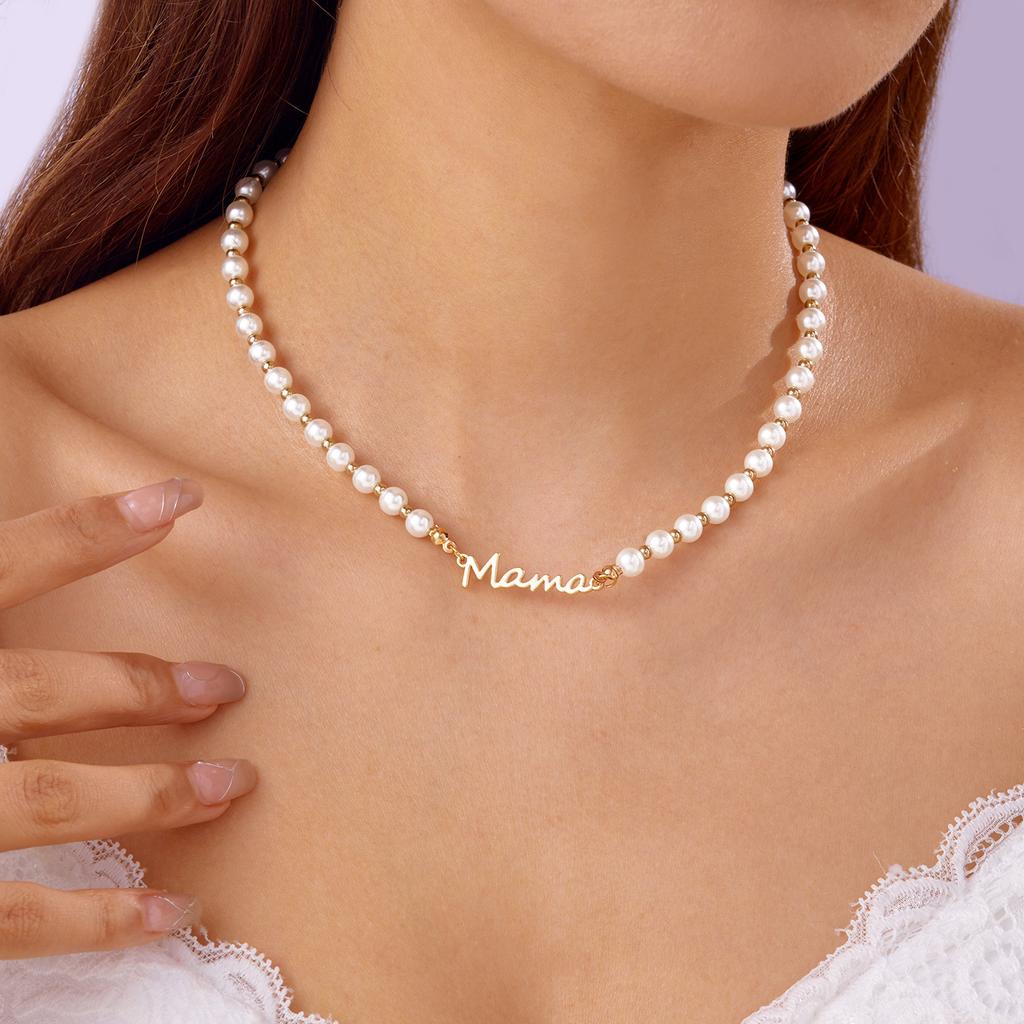 Mother's Day Mama Letter Jewelry Set, Imitation Pearl Necklace Bracelet, Daily Fashion Gift for Mom