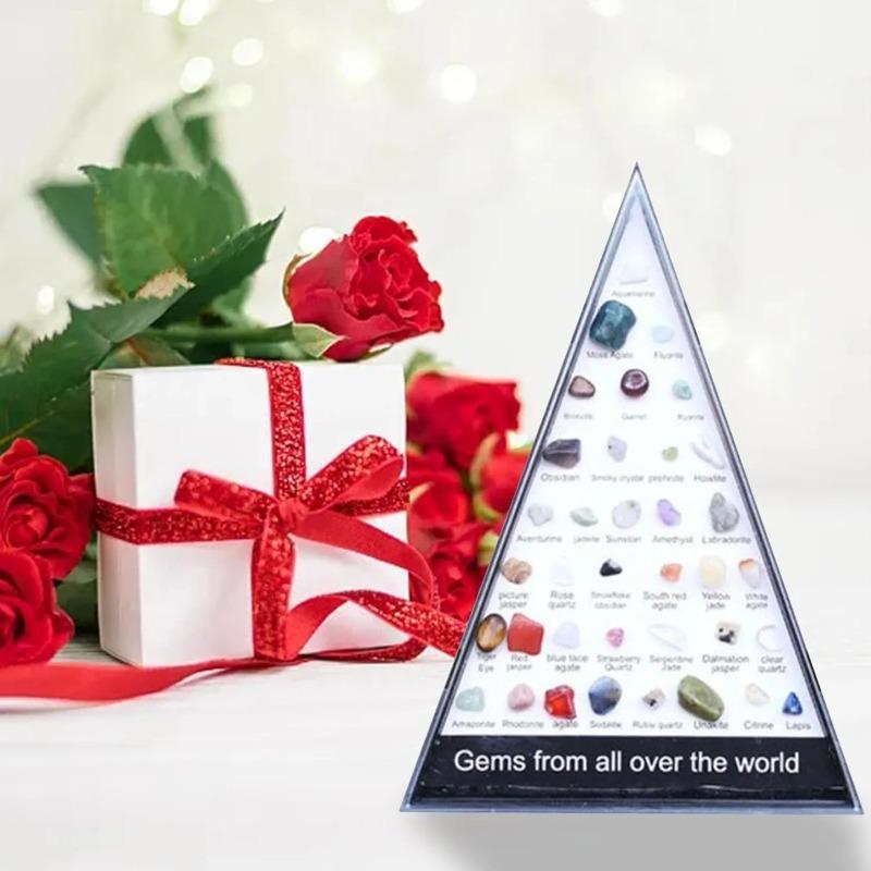 Gems from All Over The World ,32 Types of Natural Crystal Gemstone Moon Shaped Set, Rocks Set with Educational Display Case