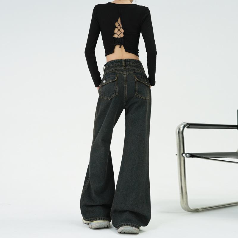 American old high street micro-pull jeans women's autumn and winter new high waist loose wide legs thin versatile horn pants