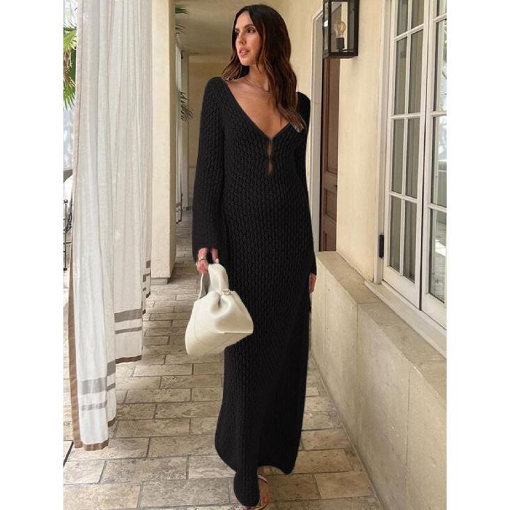 New European And American Beach Vacation Bikini Top With Hollowed Out Crochet Knitted Long Dress