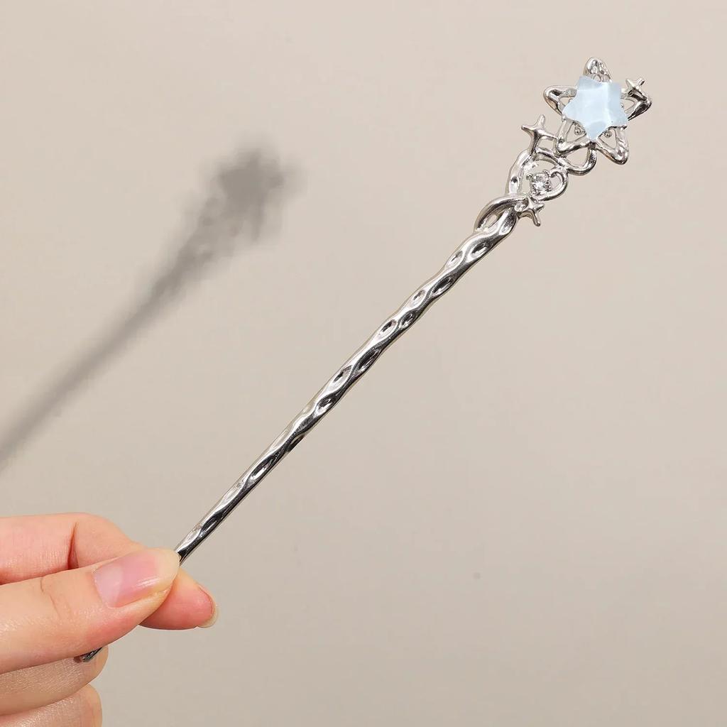 Bastoncini per capelli vintage con stella e pietra di luna, per donne, stile cinese, con nappe a croce, bacchette per capelli, accessori per capelli