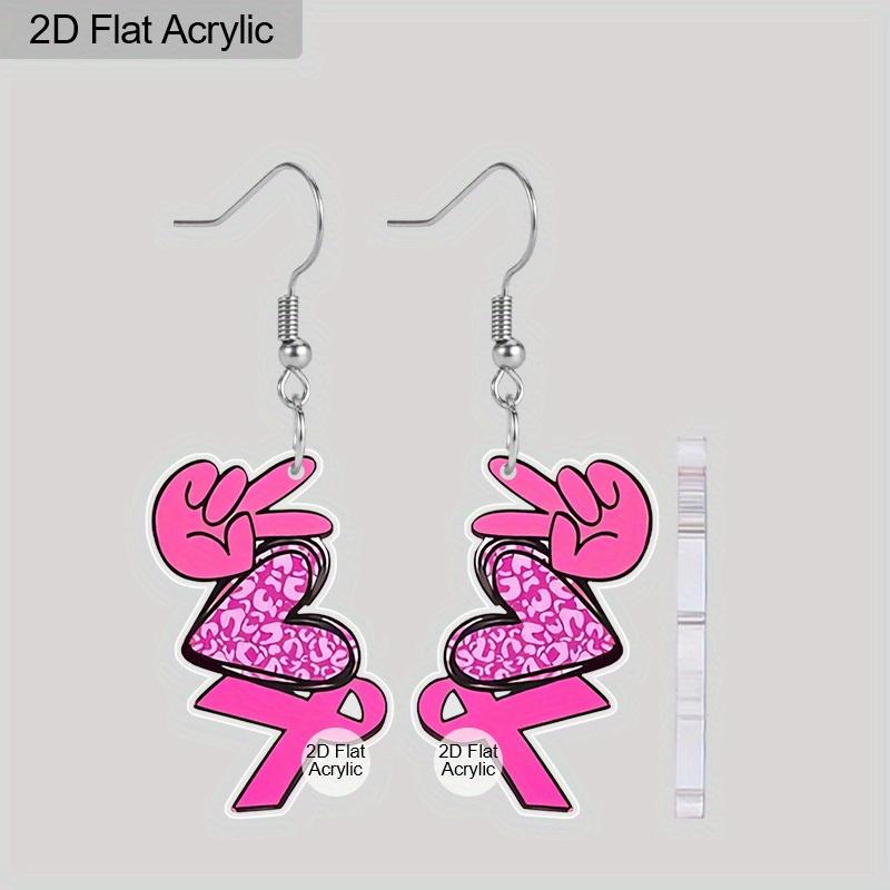 

2D Плоские акриловые серьги-подвески с розовой лентой и узором в виде сердца, женские серьги в поддержку осведомленности о раке молочной железы, женские украшения