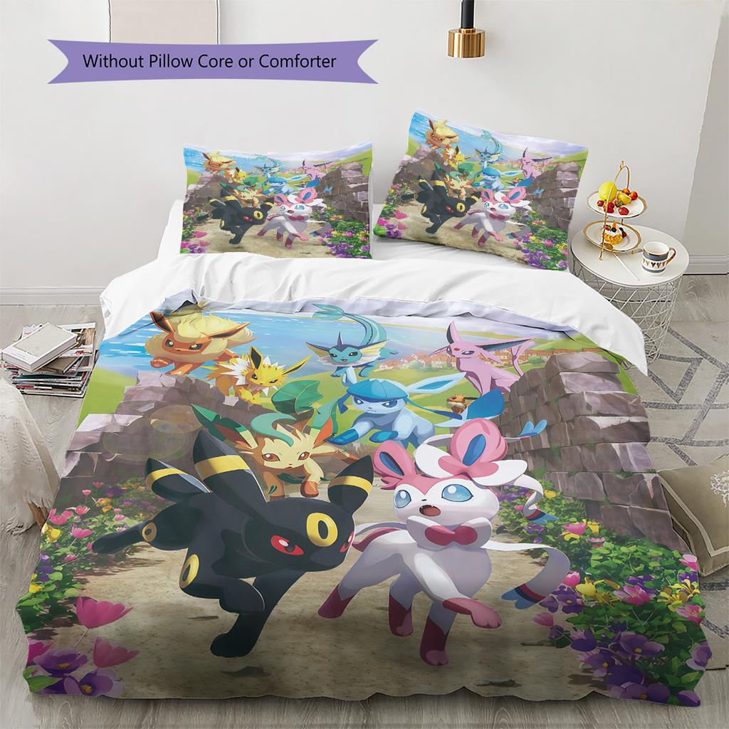 Eevee Pattern Bedding Quilt Set  Home Decoration  Gift (1 * duvet cover + 2 * pillowcase  without core)