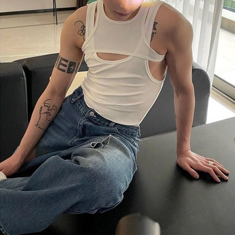 American Style New Tops Sexy Hollow Fake Two Pieces Men's Clothing Summer Hollow Out Fashion Slim Bodybuilding Tank Tops