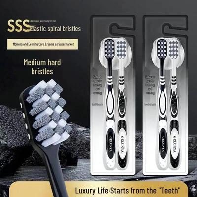 Black & White Adult Toothbrush with Hard Spiral Bristles, Medium-Hard for Deep Cleaning, Family Pack for Stain Removal.