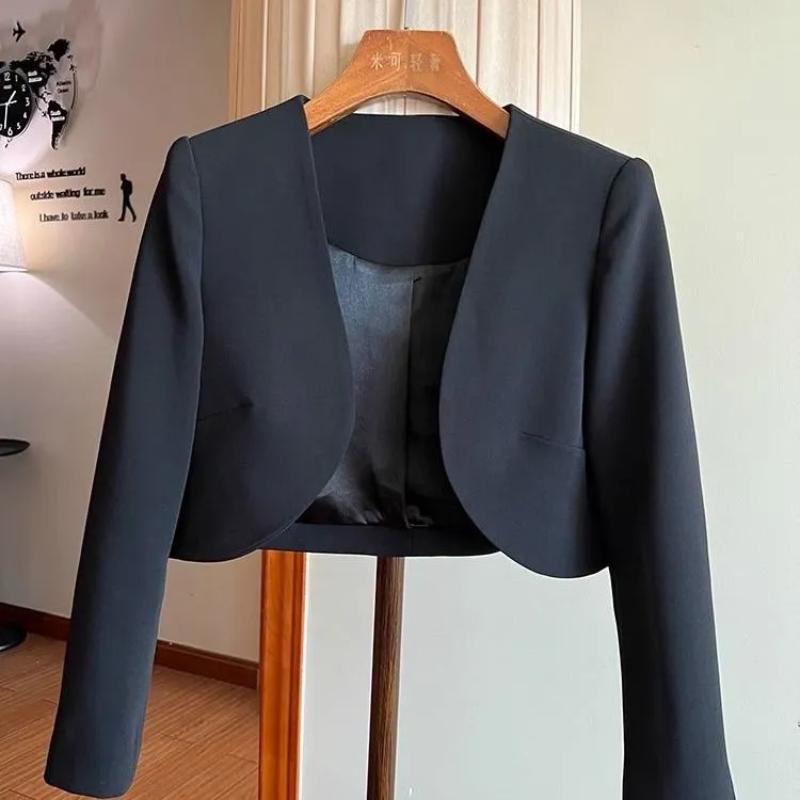Women Spring Cropped Blazer Long Sleeve Open Front Black Formal Bolero S