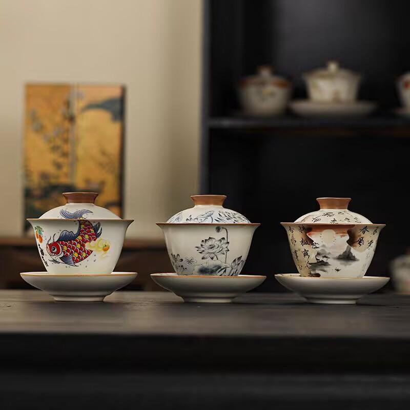 Beige Ru Kiln Three-Color Cover Bowl, Single Tea Bowl, Not Hot, High-End Kung Fu Tea Set, Guofeng Cat Ceramic Cup With Lid