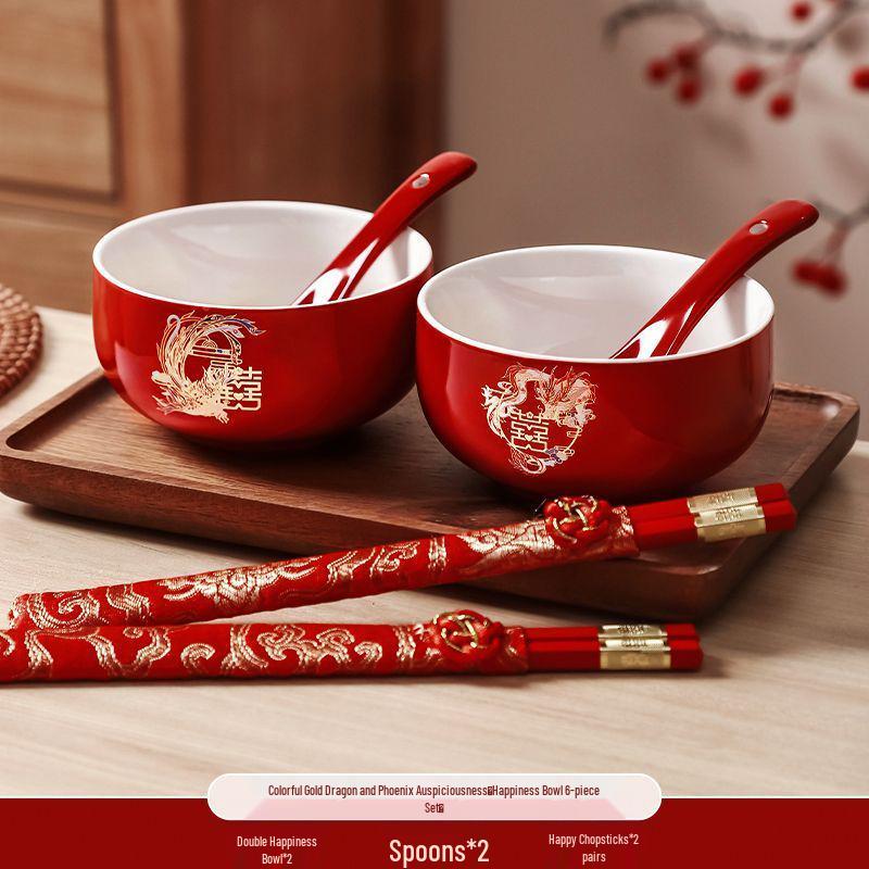 Wedding Tea & Chopstick Set: Red Bowls for Toasting & Happy Celebrations.