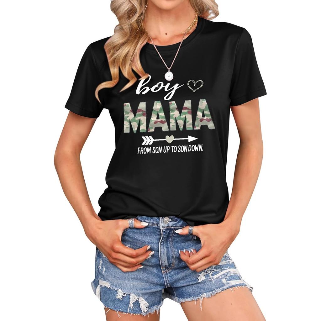 Womens Boy Mom Shirt Camo Boy Mama Letter Print Tshirt Funny Graphic Tees Cute Casual Summer Tops