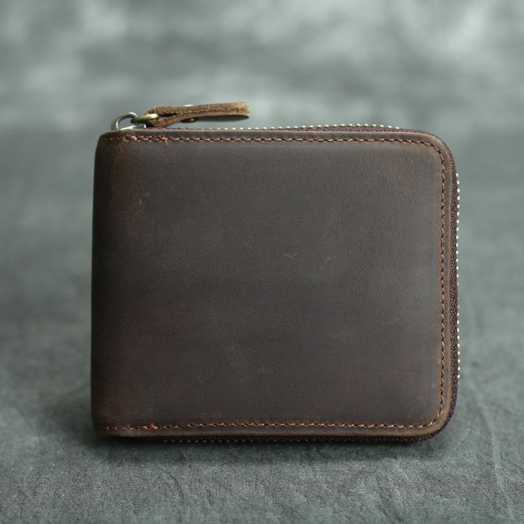 European and American Retro Men's Wallet Multifunctional Crazy Horse Leather Wallet 2 Fold Chain Wallet Horizontal and Vertical Styles