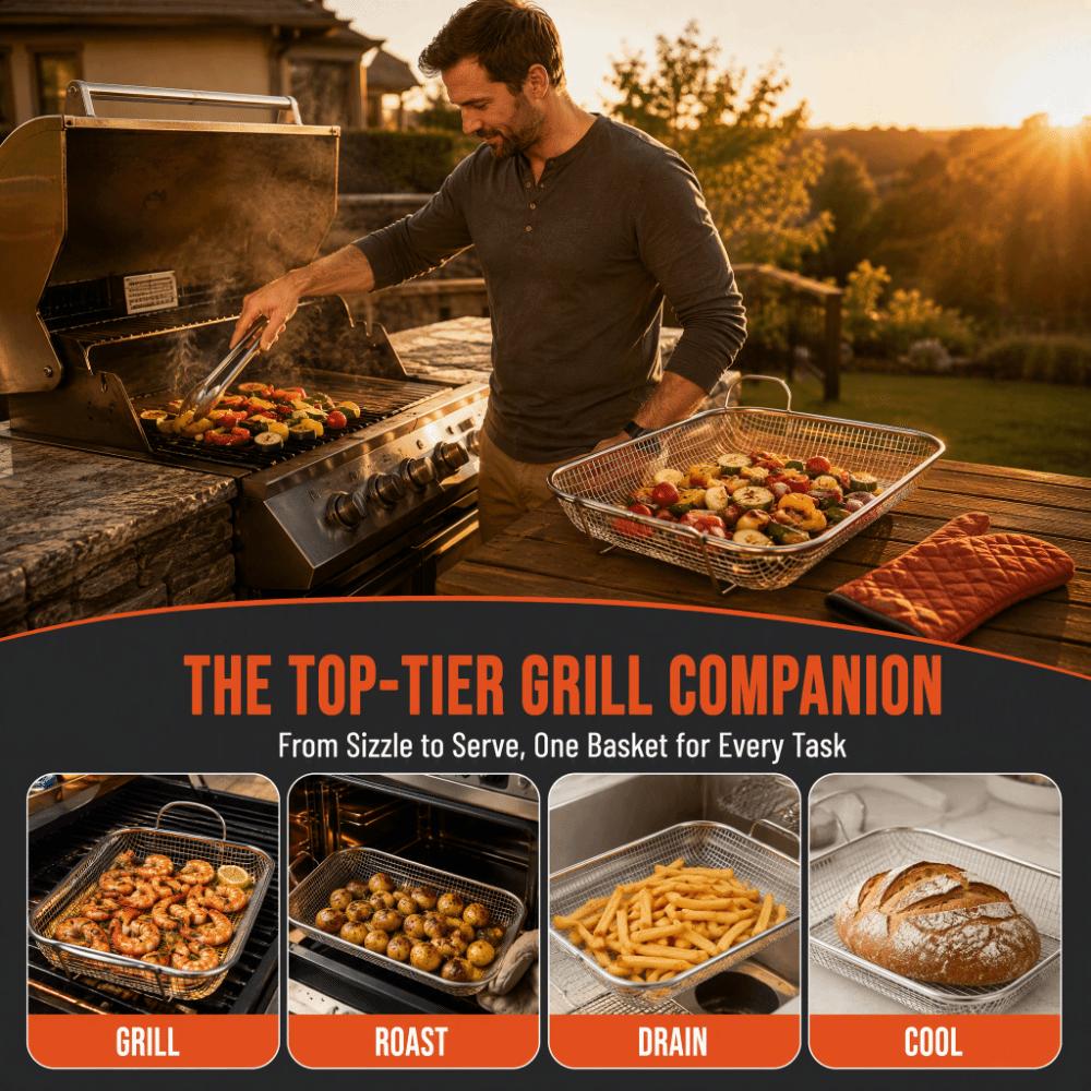 Cooling Rack BBQ Grill Basket Stainless Steel Draining Frying Net Camping Cookware