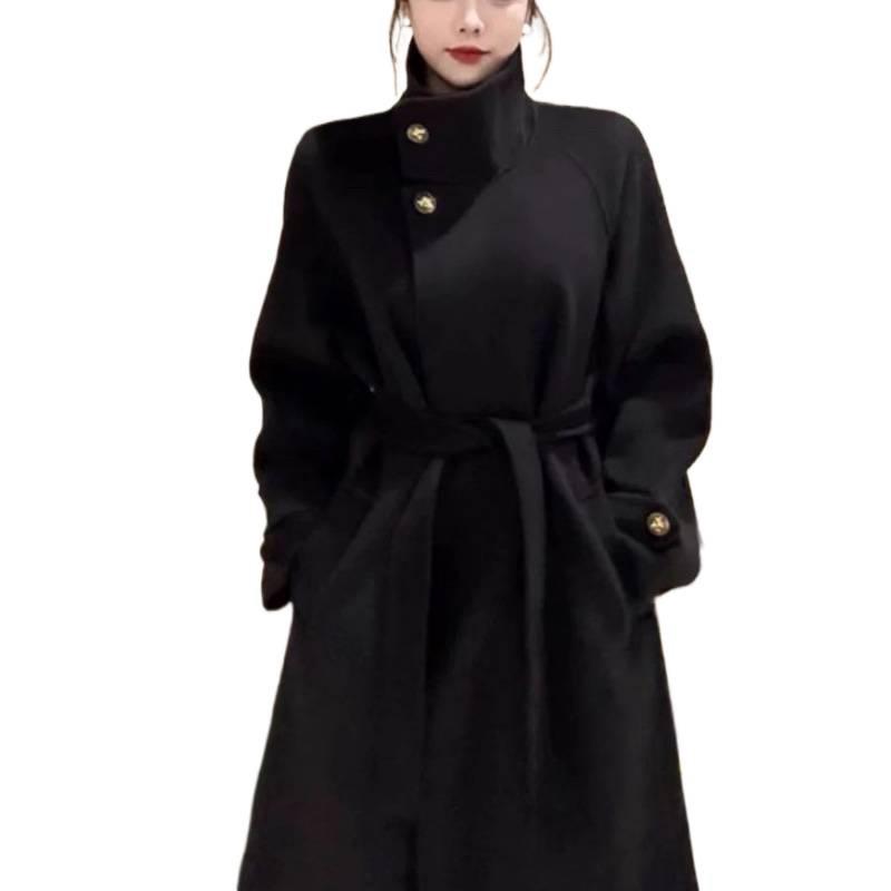 2025 Women's Hepburn Style Black Wool Coat - High-End, Slimming Autumn/Winter Fashion