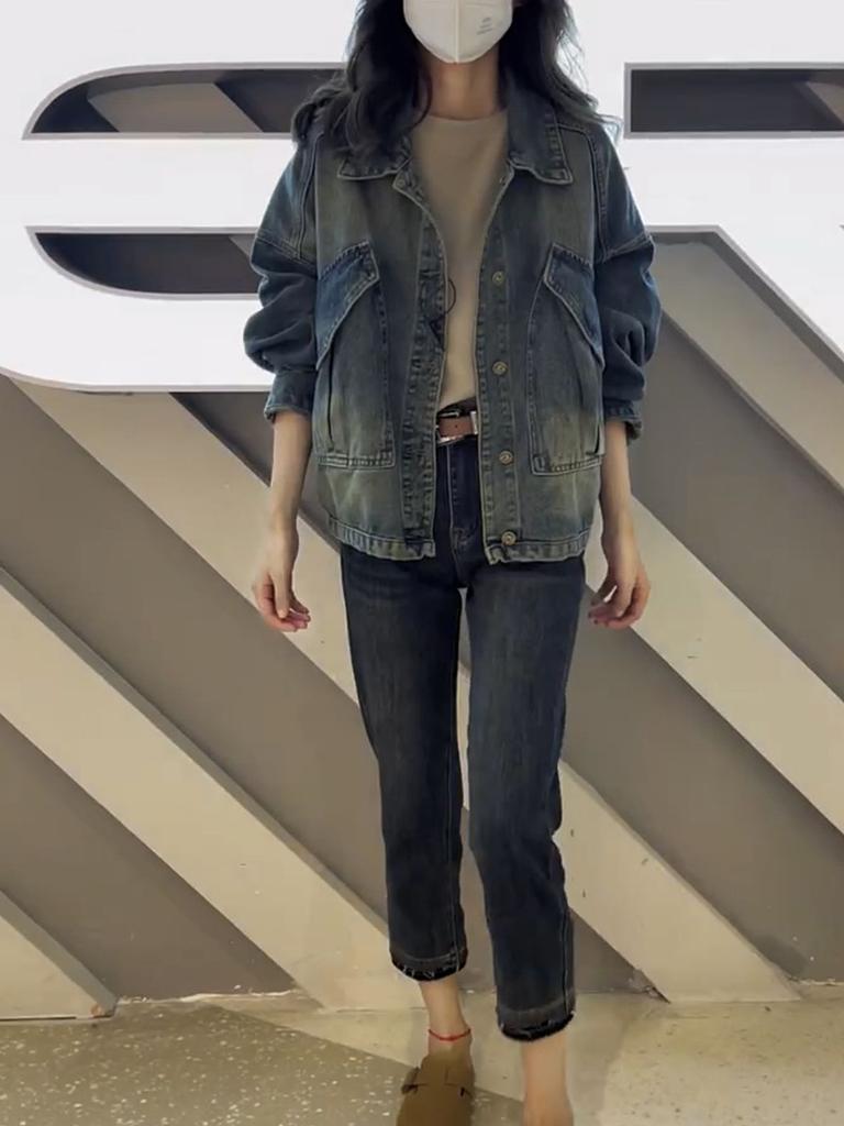 Women's Point Collar Long Sleeve Denim Jacket Loose Fit Elegant Commuter Outerwear Coat