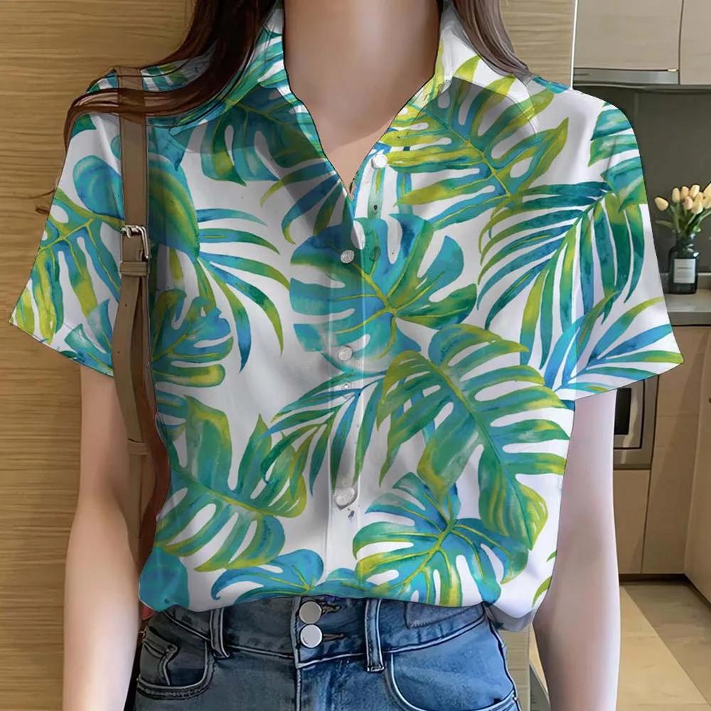 Womens Shirts Hawaiian Tropical Plant Leaves 3D Printed Tops Casual Short Sleeve Button Beach Shirt Summer Women's Clothes